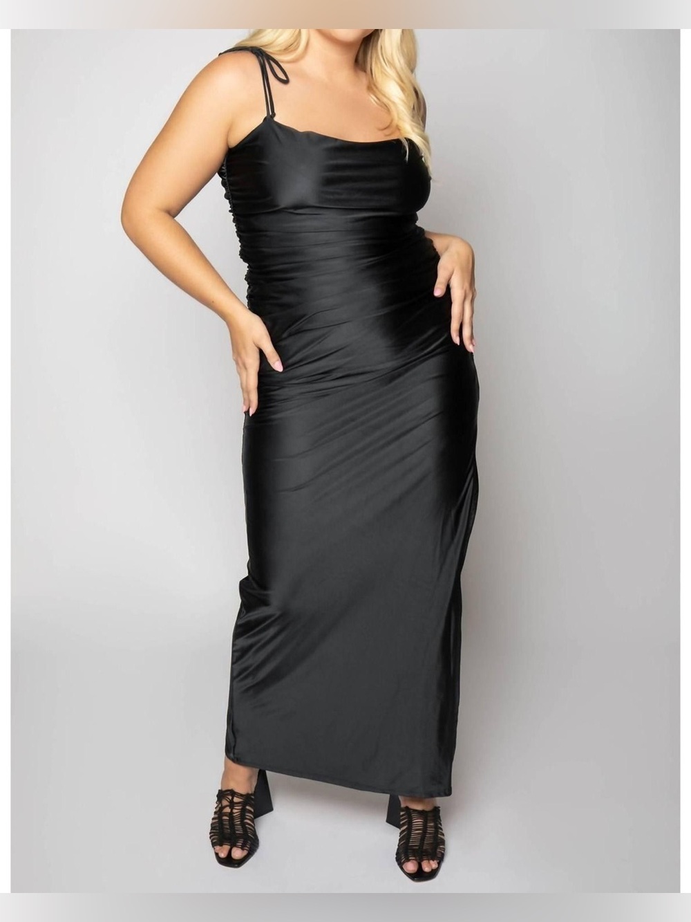 Good American Size 7 (4X) Satin Ruched Tie-Strap Maxi Dress Black Side Slit NWT